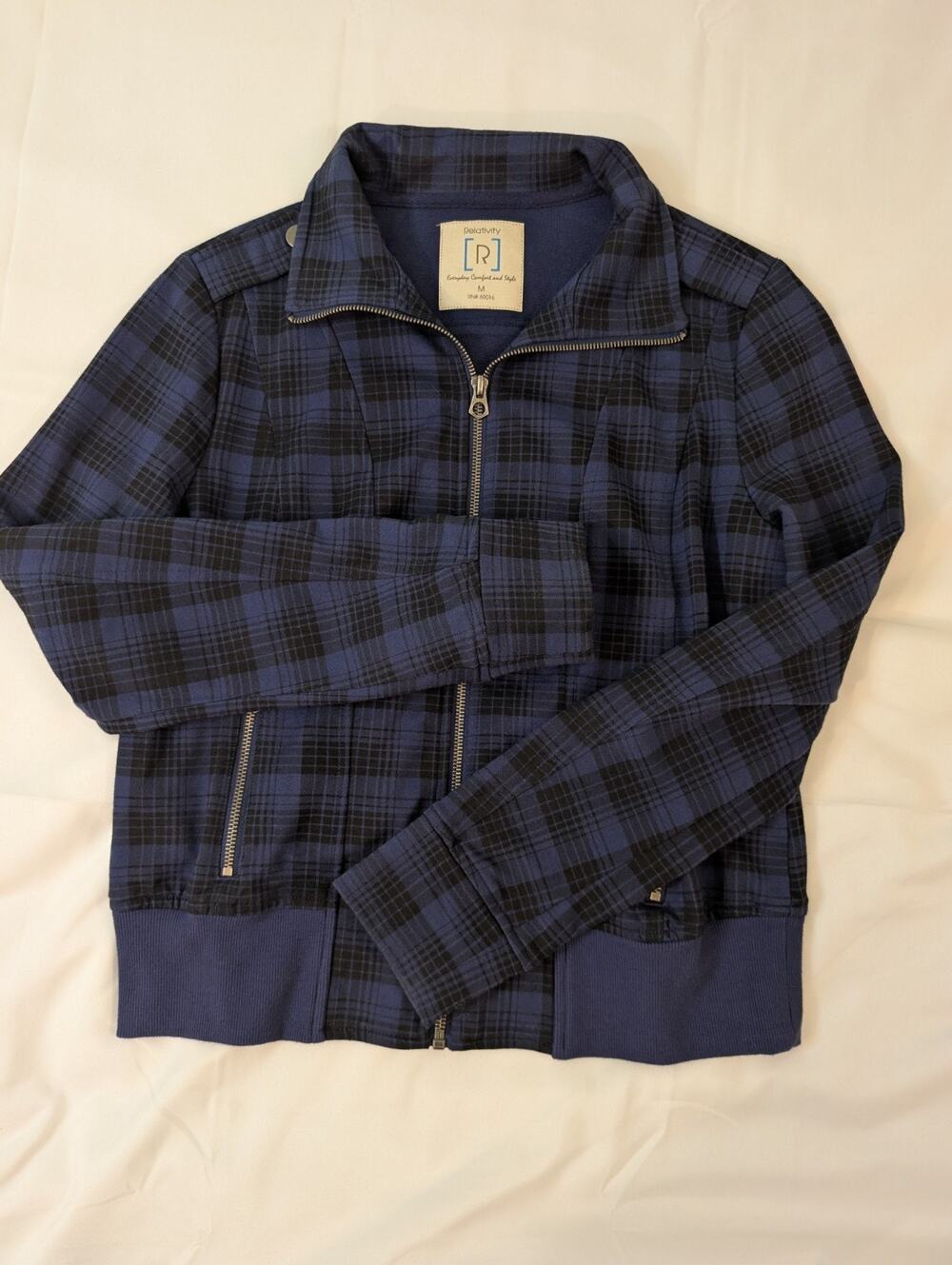 Plaid Bomber Jacket M Zip Up Blue Black Grunge Streetwear Lightweight Skater